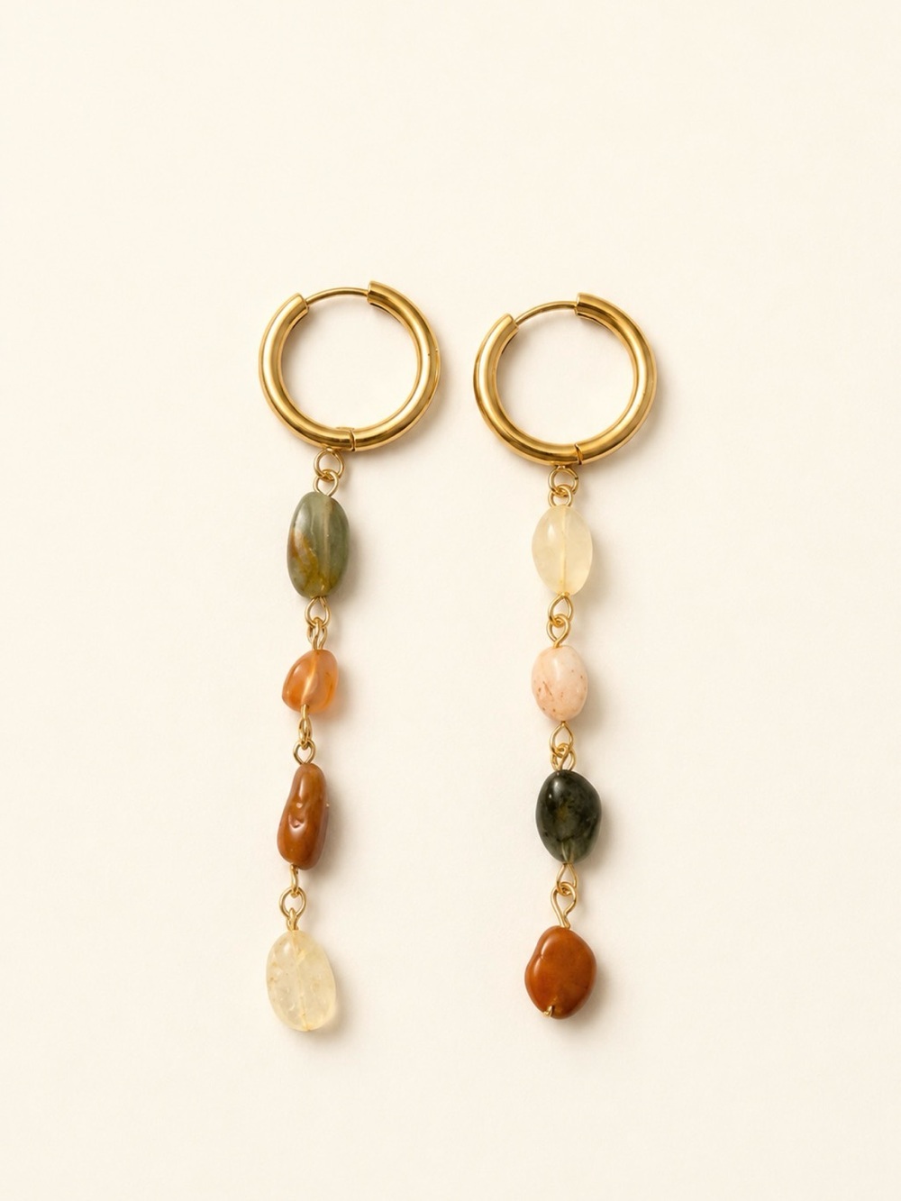 Gold Hoop Earrings with Multicolor Natural Stone Drops